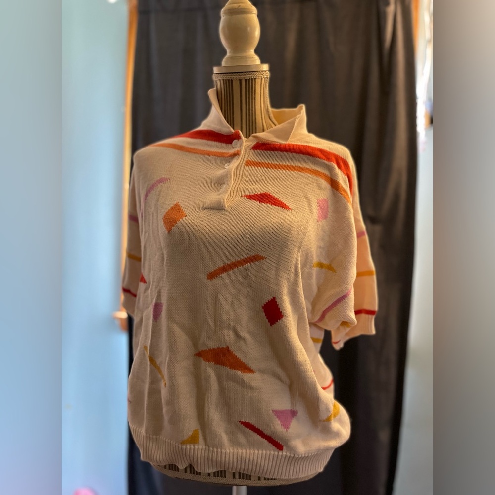 Lord & Taylor Cream Knit Sweater with Orange Accents
